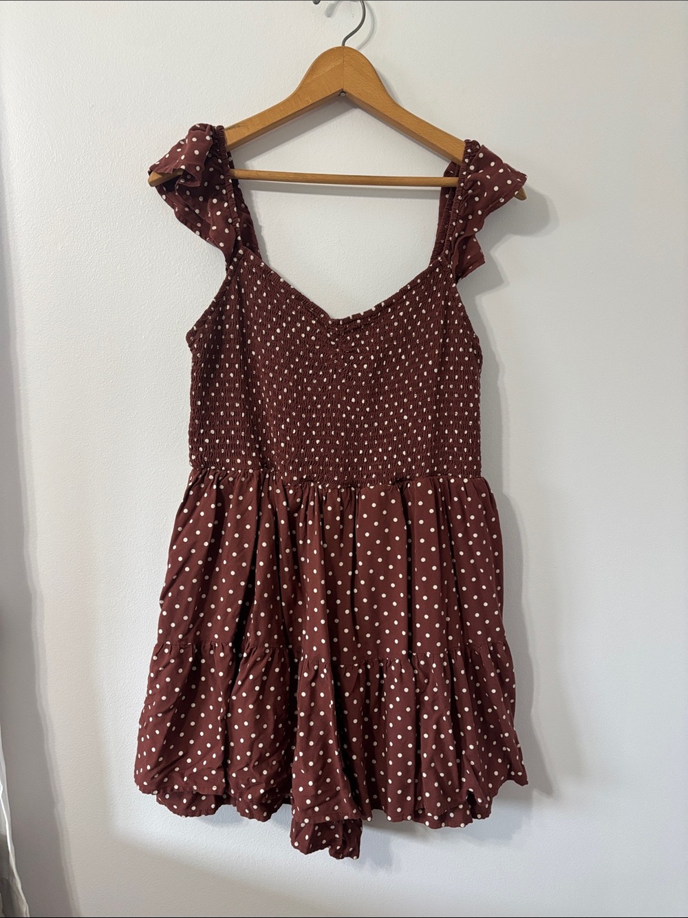 No Boundaries Brown Polka Dot Romper with Ruffle Straps